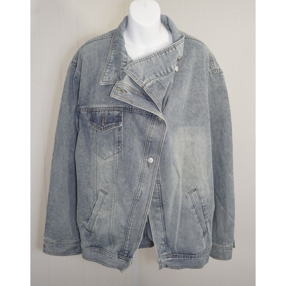 Denim Jacket Size Large Light Wash Blue Asymmetrical Button Front